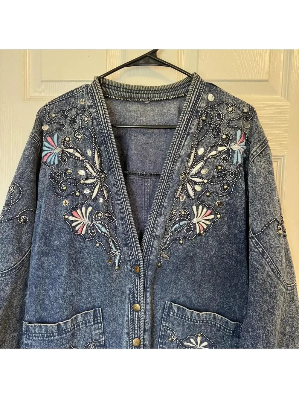 Vintage 90s Embellished Acid Wash Denim Jacket Oversized Cardigan Rhinesto Boho - Picture 2 of 9